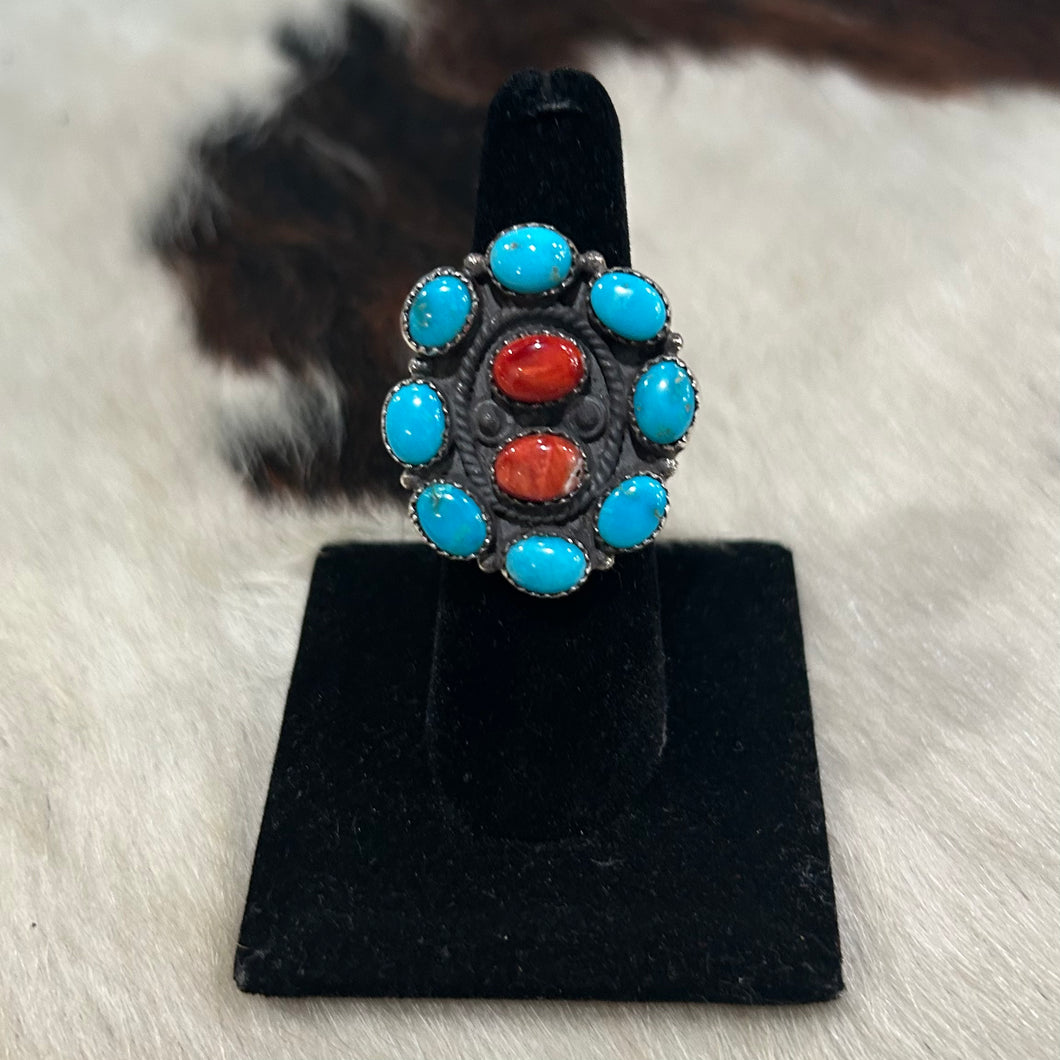 Red Spiny & Turquoise Cluster Ring
