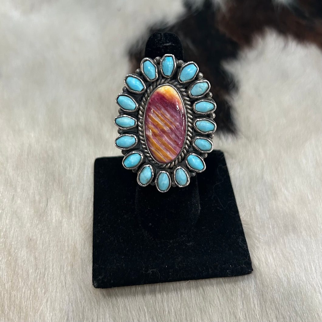 Spiny Oyster & Turquoise Cluster Ring